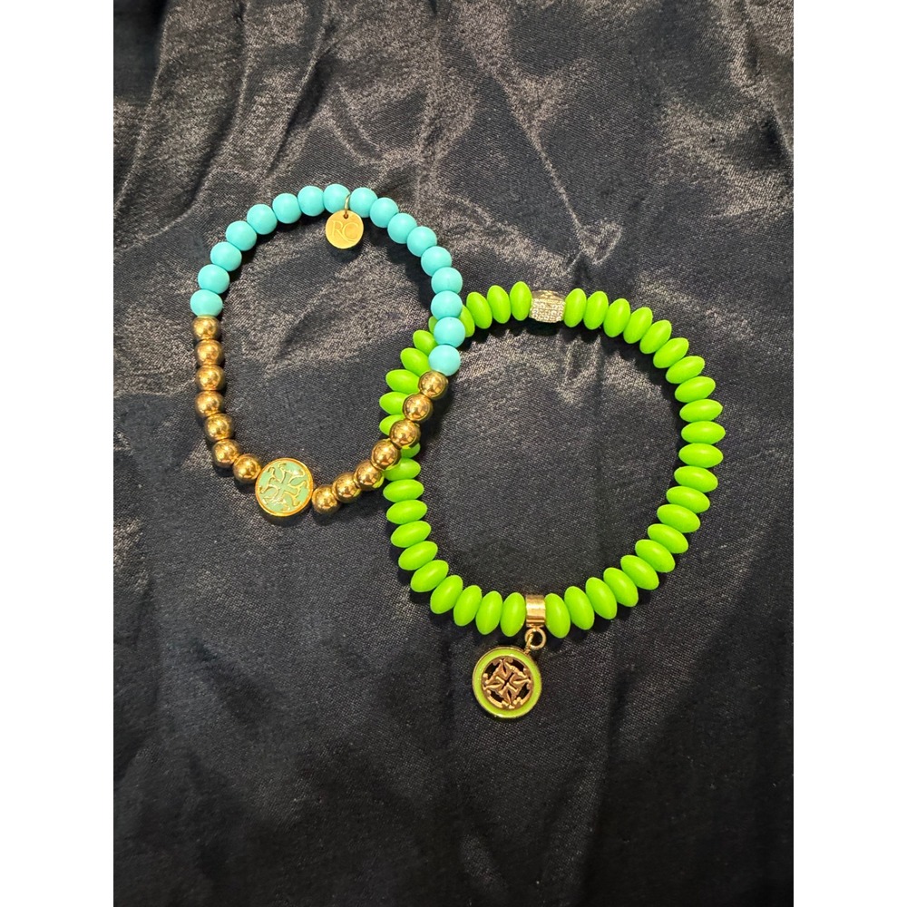 Rustic Cuff RC Stretch Bracelet Set OS Blue Green Gold‎ Beaded Boho Stackable